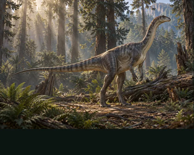Mussaurus in a prehistoric landscape — AI-generated artistic interpretation