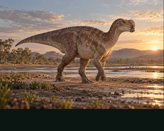 Muttaburrasaurus in a prehistoric landscape — AI-generated artistic interpretation