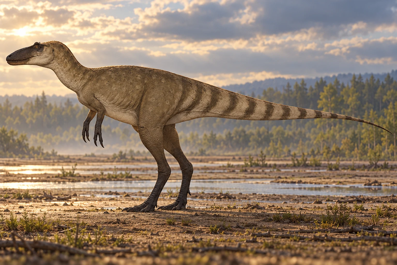 AI artistic reconstruction of Nanotyrannus: long low toothed head; Relatively long grasping forelimbs; Long hind legs and long tapering tail.