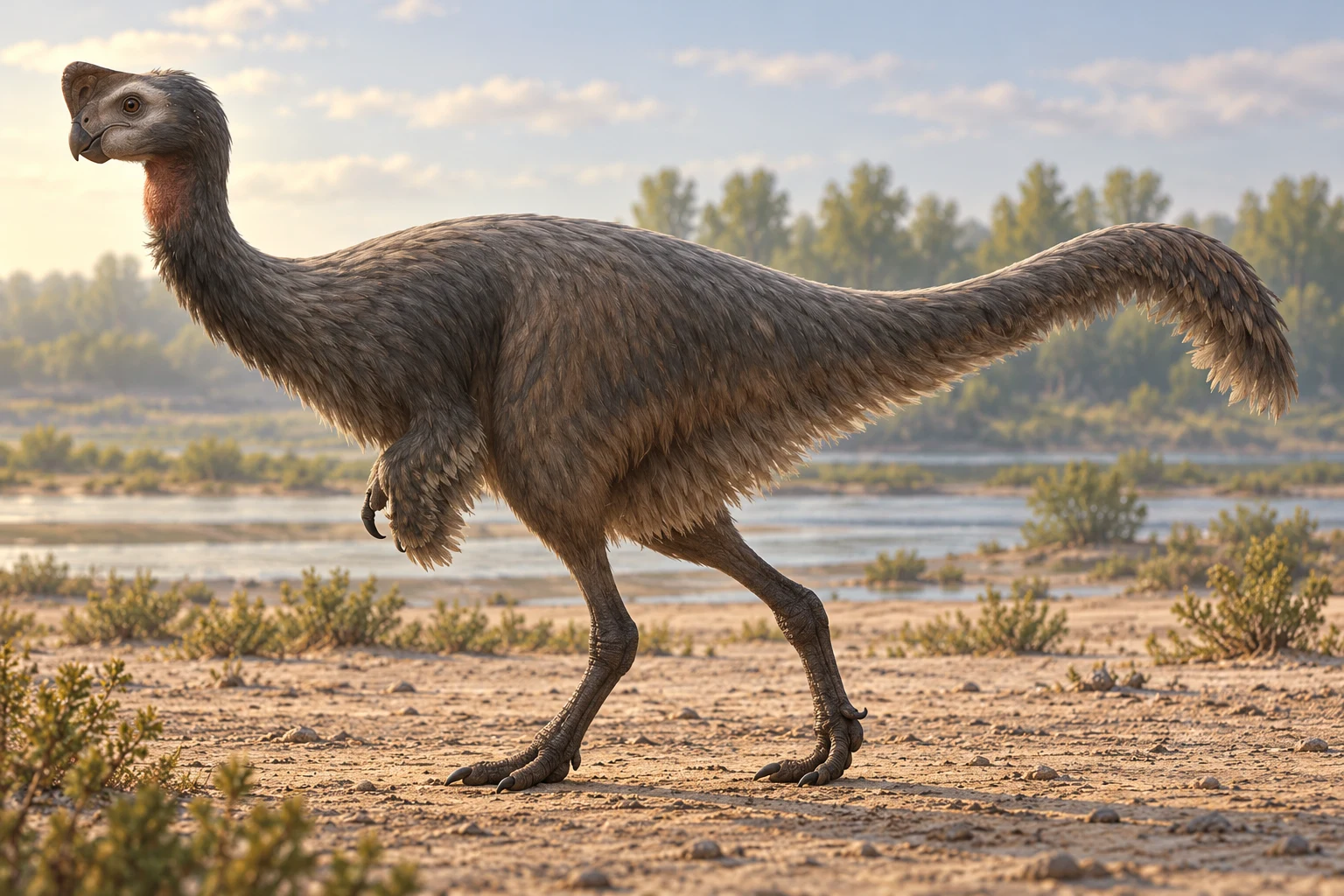 AI artistic reconstruction of Nemegtomaia: short deep beaked head with rounded crest; Long feathered neck and feathered forelimbs; Long hind legs and feathered tapering tail.