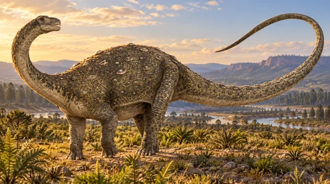 AI artistic reconstruction of Neuquensaurus: small head on moderate neck; Compact four-legged body with round armour; Long narrow curled tail.