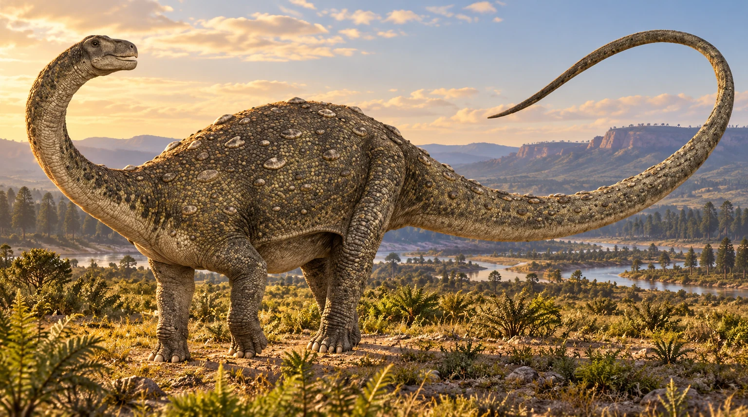 AI artistic reconstruction of Neuquensaurus: small head on moderate neck; Compact four-legged body with round armour; Long narrow curled tail.