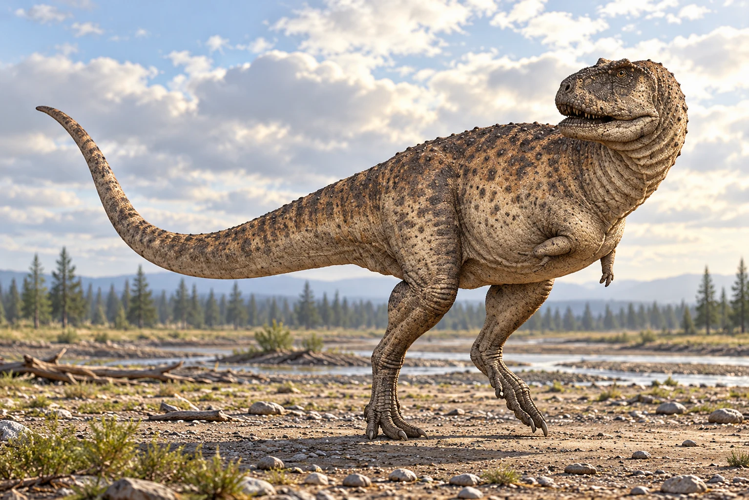 AI artistic reconstruction of Niebla: short deep head with rugged top; Extremely short forelimbs; Powerful hind legs and long curved tail.