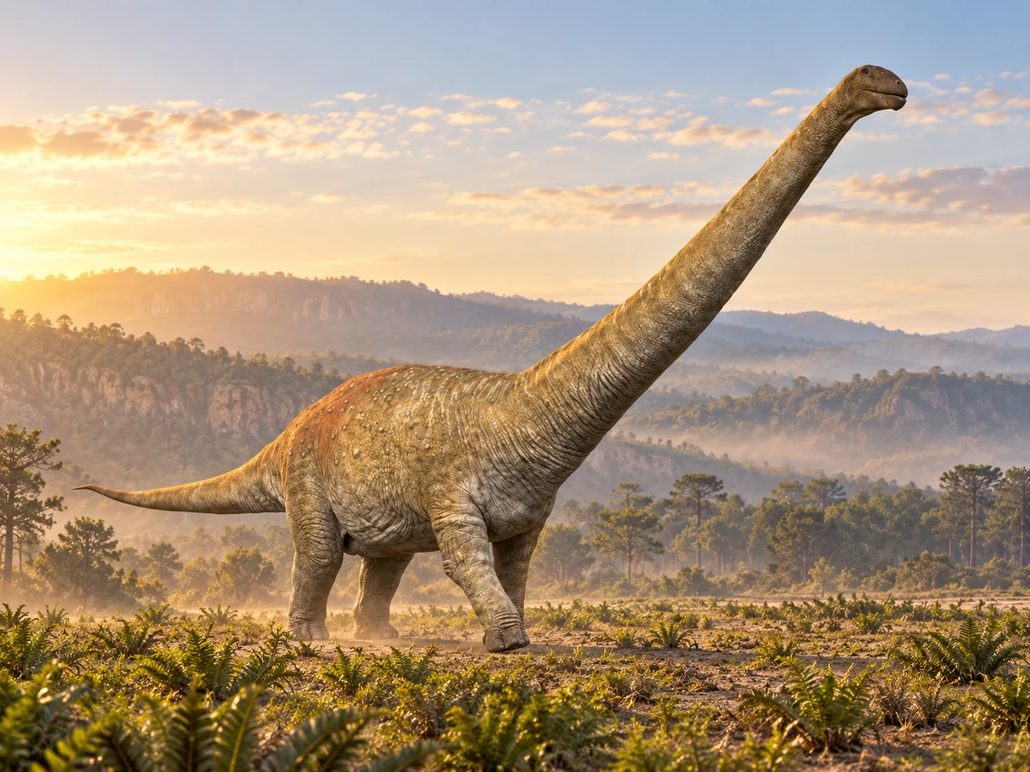 AI artistic reconstruction of Notocolossus: small head on tall rising neck; Broad torso on four columnar legs; Long tapering tail.