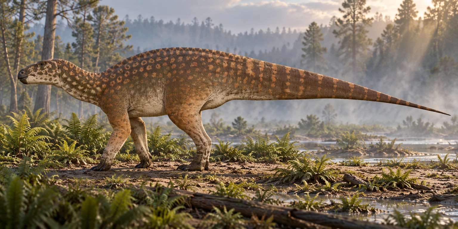 AI artistic reconstruction of Obelignathus: low long blunt beaked head; Four-legged deep torso; Long deep tapering tail.
