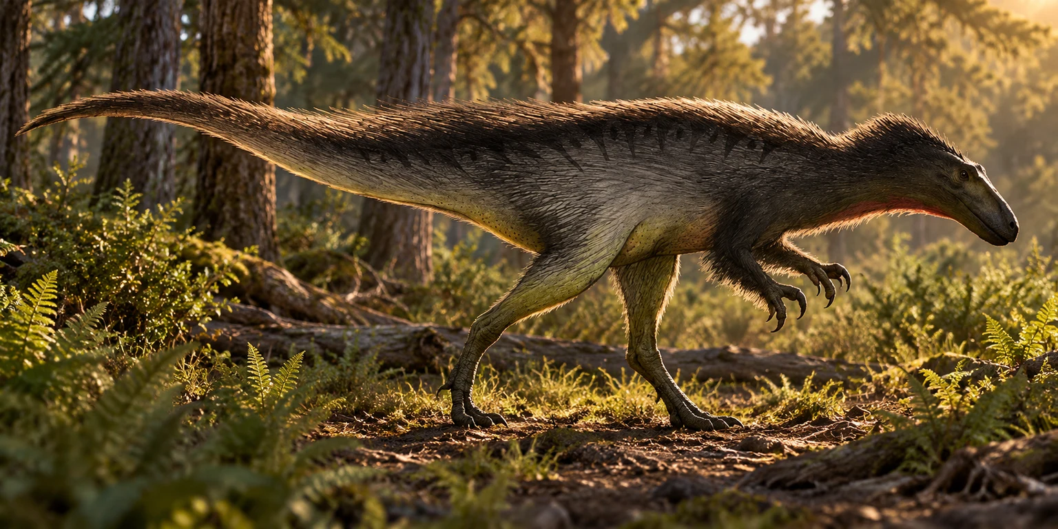 AI artistic reconstruction of Orkoraptor: long narrow low head; Grasping forelimbs; Long hind legs and long feathered tapering tail.