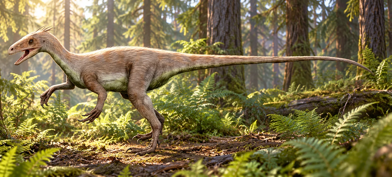 AI artistic reconstruction of Ornitholestes: small feathered theropod head; long clawed forearms and hindlimbs; full slender tail visible.