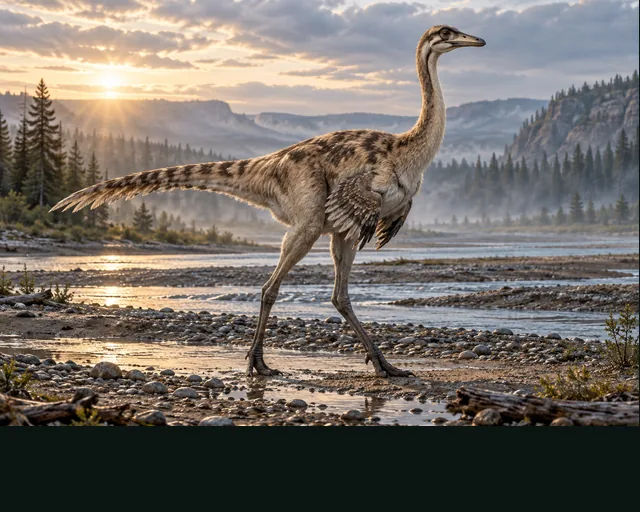 Ornithomimus in a prehistoric landscape — AI-generated artistic interpretation