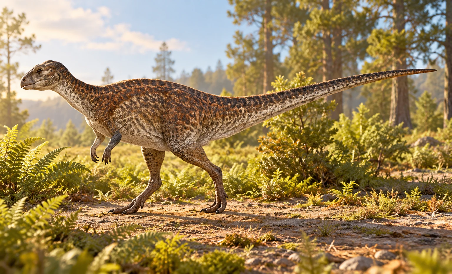 AI artistic reconstruction of Orodromeus: small beaked head; Short forelimbs and strong hind legs; Long tapering tail.