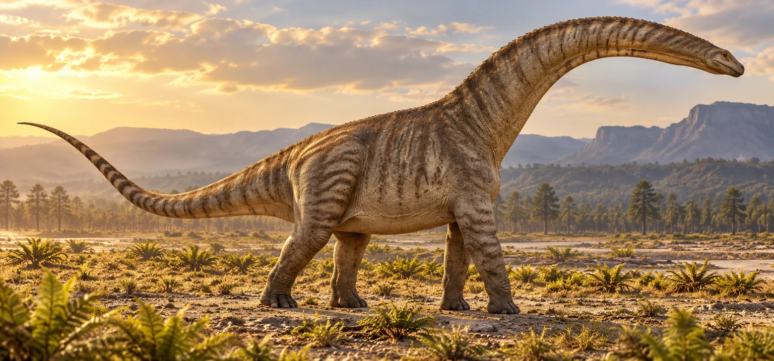 AI artistic reconstruction of Overosaurus: small low head on long rising neck; Broad torso on four columnar legs; Long tapering tail curled upward.