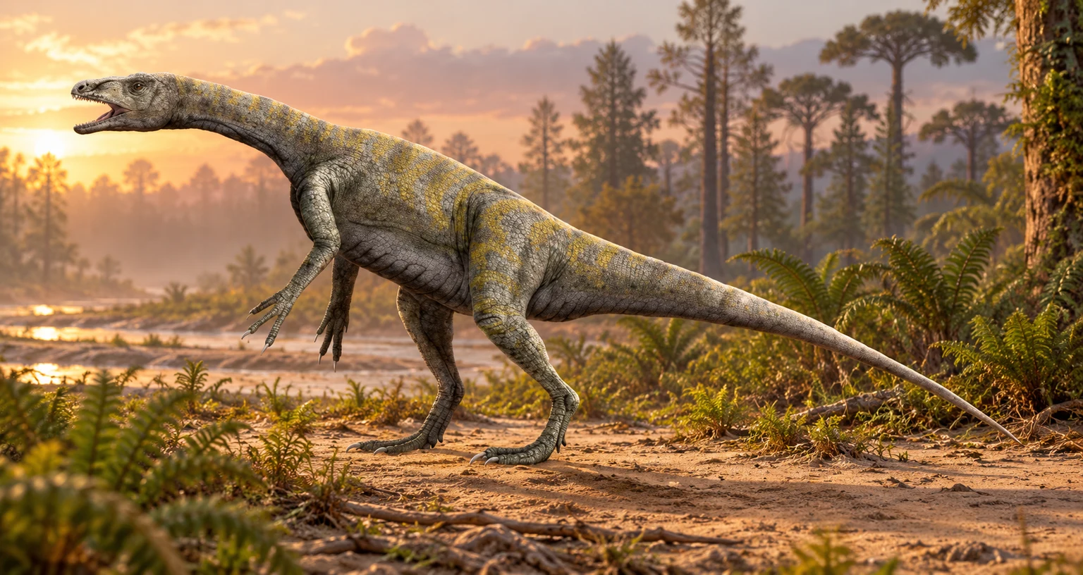 AI artistic reconstruction of Panphagia: long small head and neck; grasping forearms and bipedal hindlimbs; complete long tapering tail visible.