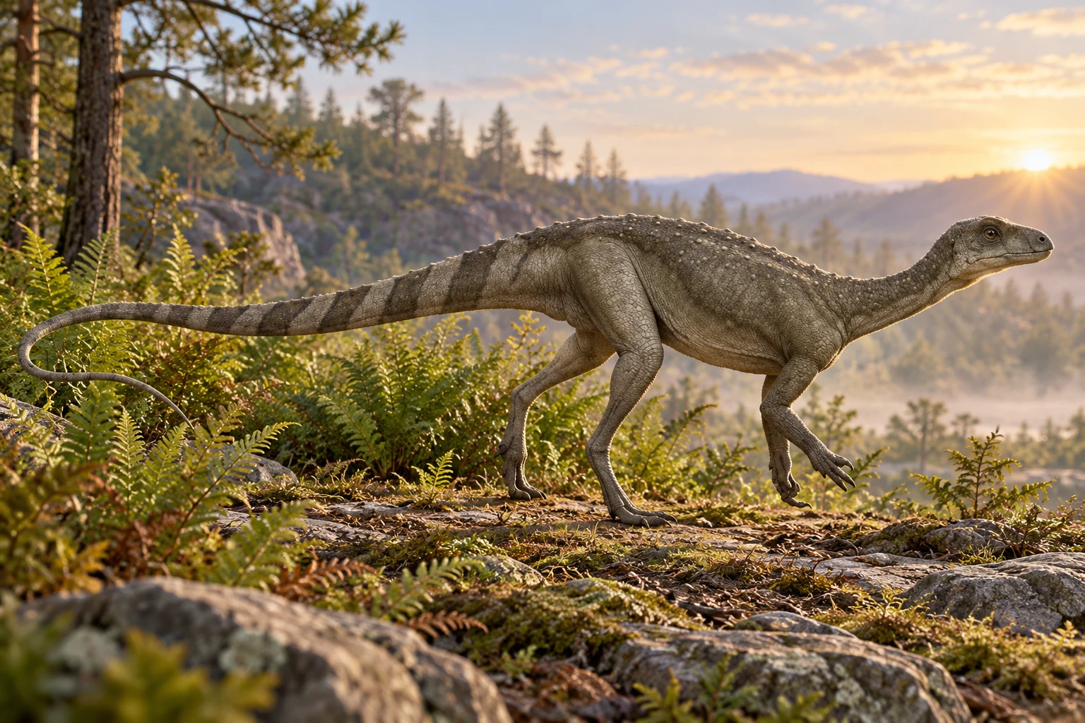 AI artistic reconstruction of Pantydraco: small head and long neck; Long grasping forelimbs; Bipedal body and long tail.