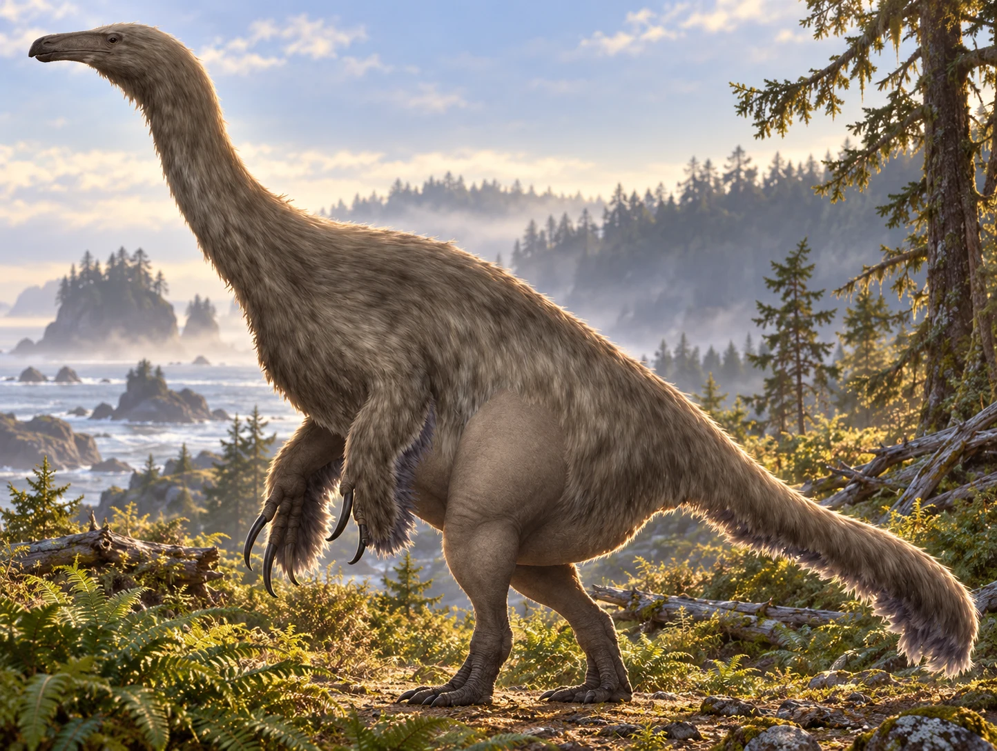 AI artistic reconstruction of Paralitherizinosaurus: small head on long upright neck; Feathered broad torso and long clawed forelimbs; Strong hind limbs and long feathered curved tail.