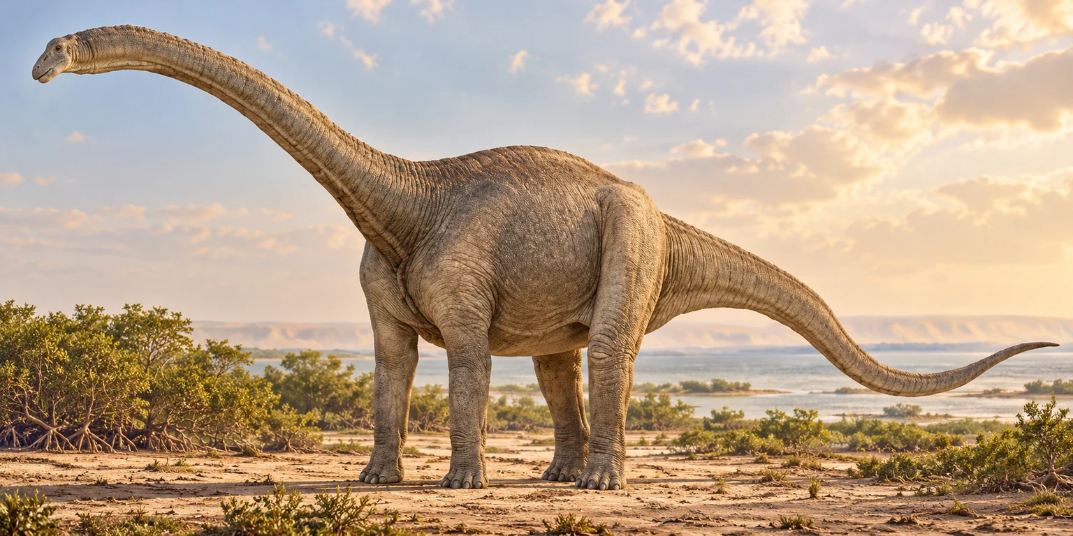 AI artistic reconstruction of Paralititan: small head and long rising neck; Deep torso on four columnar legs; Long tapering tail.