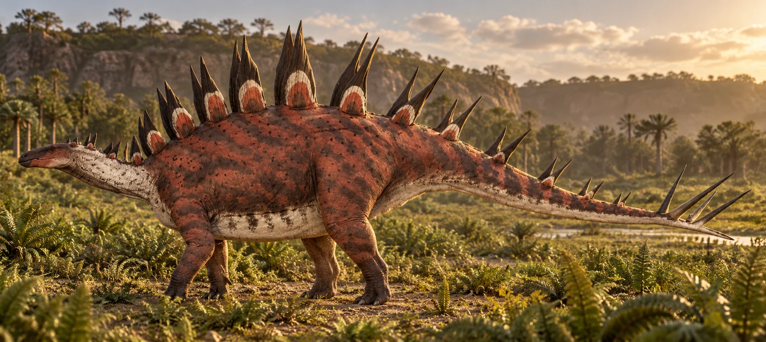 AI artistic reconstruction of Paranthodon: small low head; Four-legged torso with tall pointed back plates; Long spiked tail.
