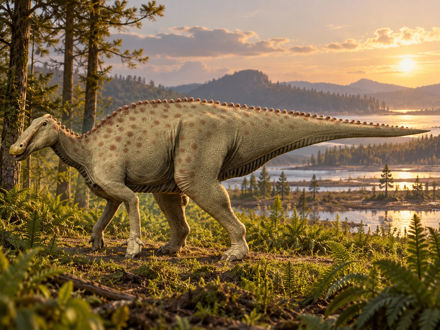 AI artistic reconstruction of Pararhabdodon: broad low beaked head with low crest; Deep four-legged body with raised back ridge; Long deep tapering tail.