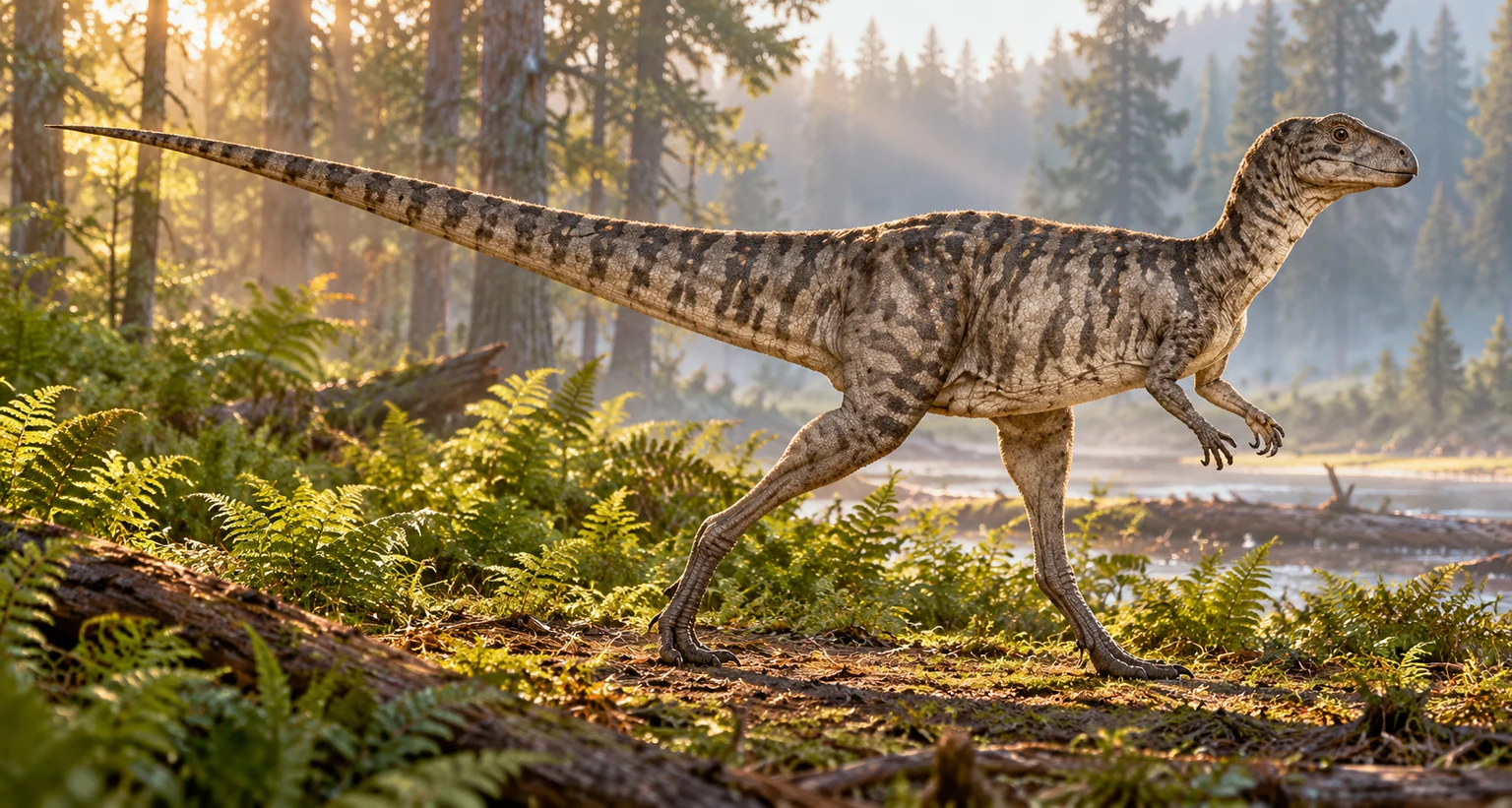 AI artistic reconstruction of Parksosaurus: small beaked head; Short grasping forelimbs; Long hind legs and balancing tail.