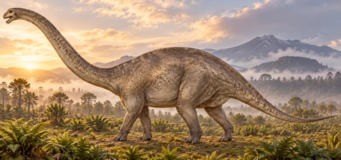 AI artistic reconstruction of Patagosaurus: small head on long moderate neck; Deep trunk on four legs; Long low tapering tail.