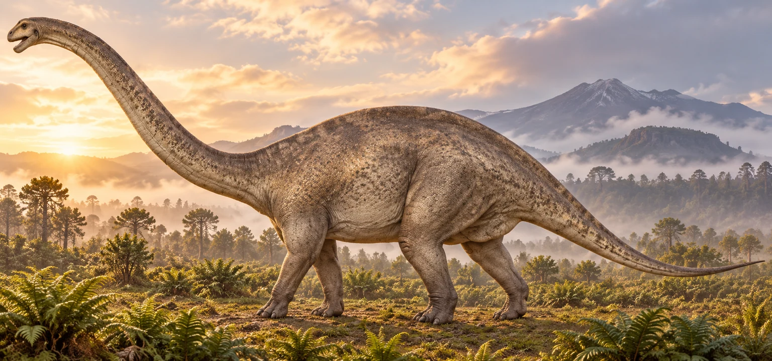 AI artistic reconstruction of Patagosaurus: small head on long moderate neck; Deep trunk on four legs; Long low tapering tail.