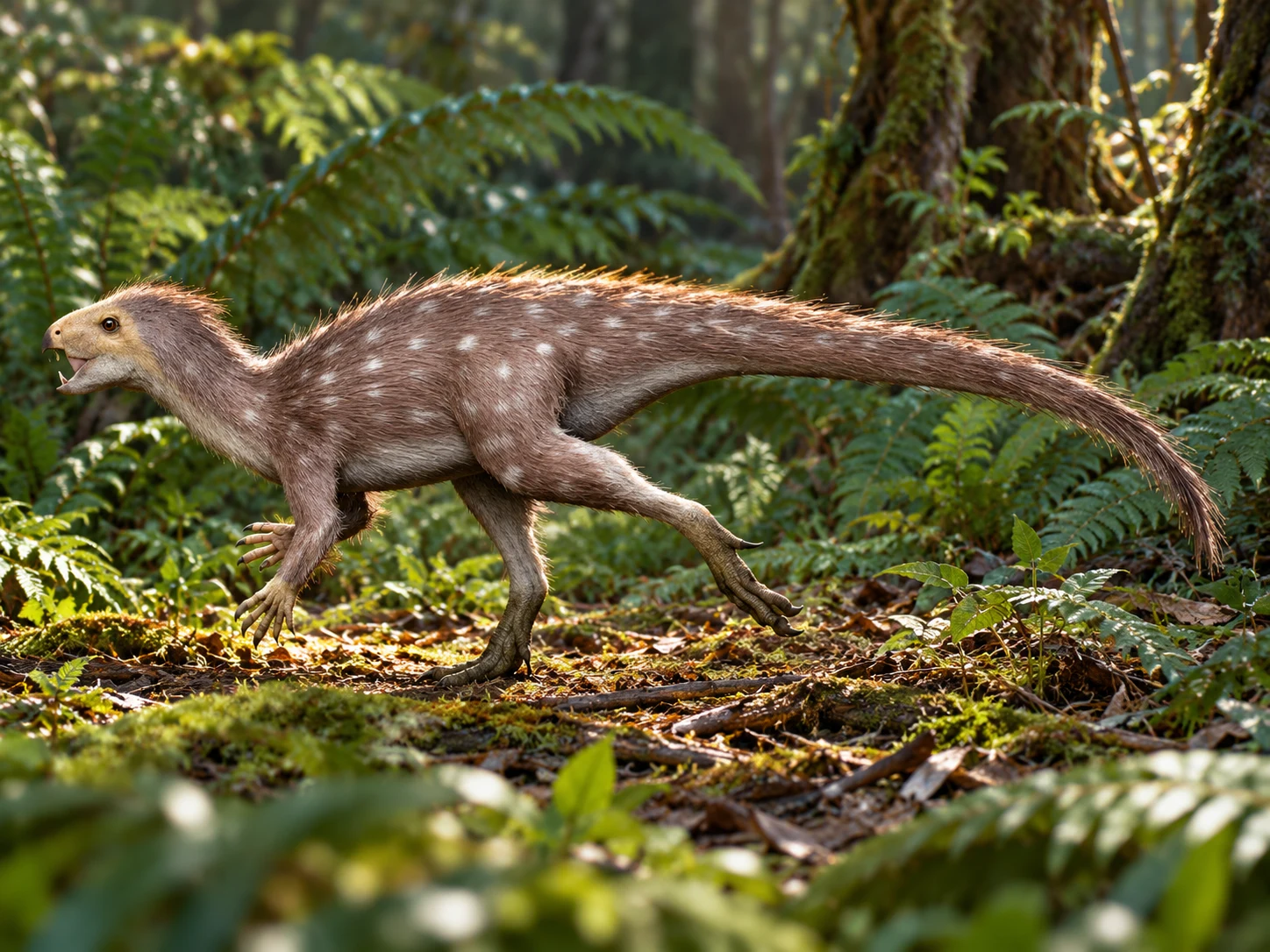 AI artistic reconstruction of Pegomastax: short deep beaked head; filamentous body covering; long tail short forelimbs and hindlimbs visible.