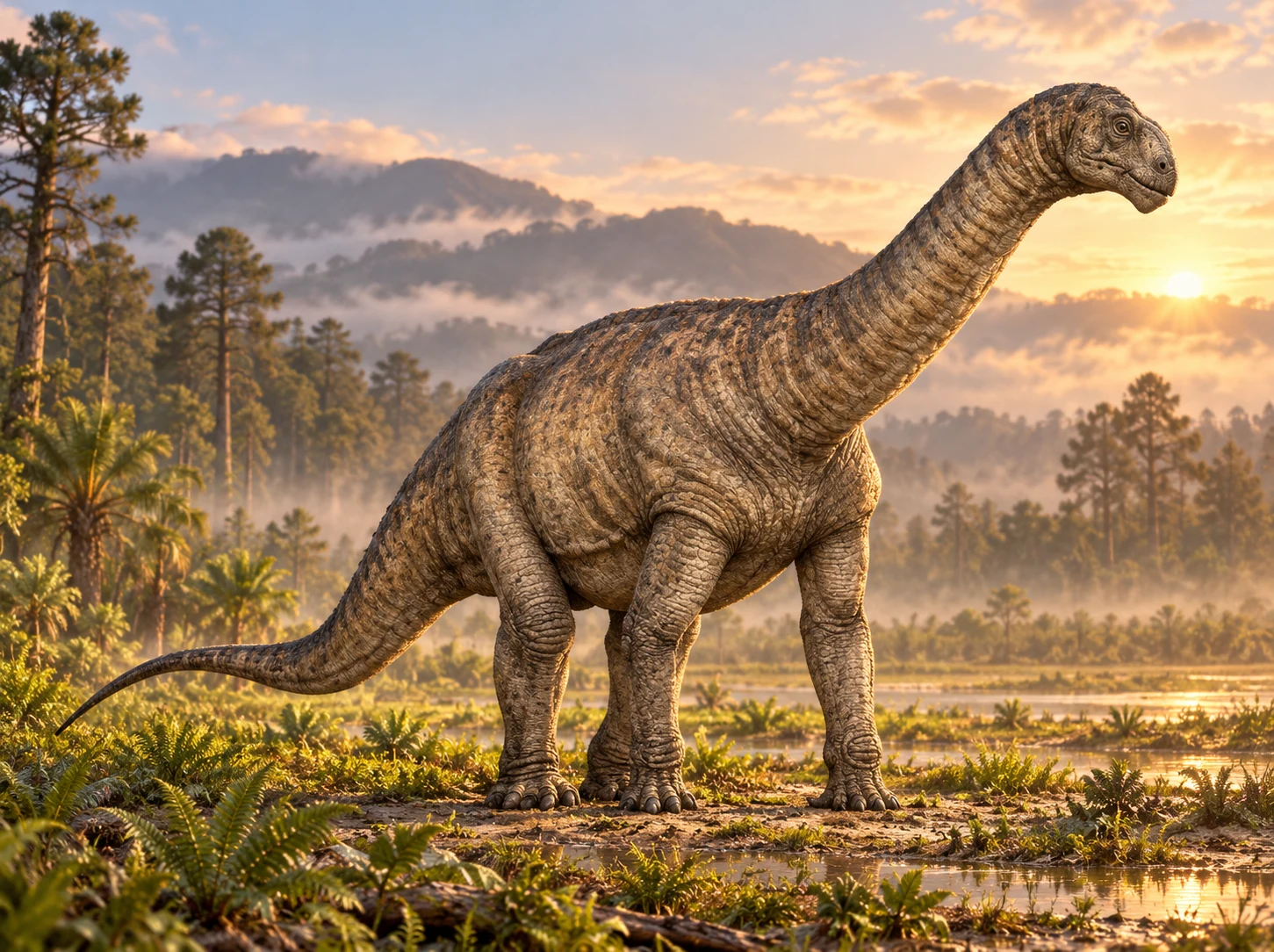 AI artistic reconstruction of Perijasaurus: small head on moderately long rising neck; Broad torso on four columnar limbs; Long tapering tail curved near end.