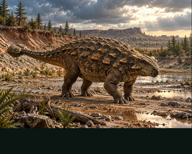Pinacosaurus in a prehistoric landscape — AI-generated artistic interpretation