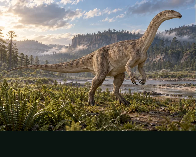 Plateosaurus in a prehistoric landscape — AI-generated artistic interpretation