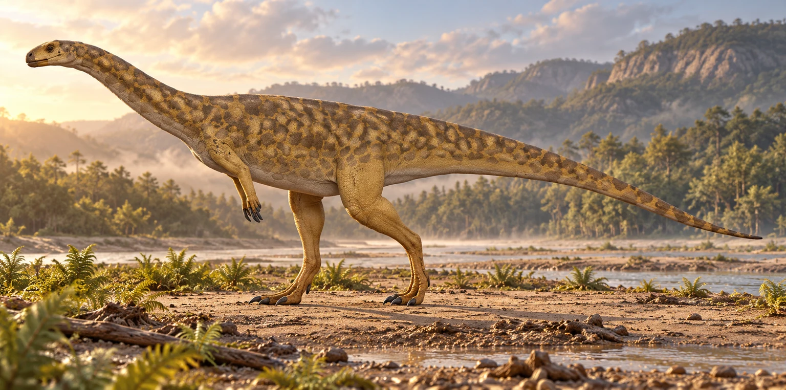 AI artistic reconstruction of Pradhania: small head on long low neck; Short forelimbs and long hind legs; Long thick tapering tail.