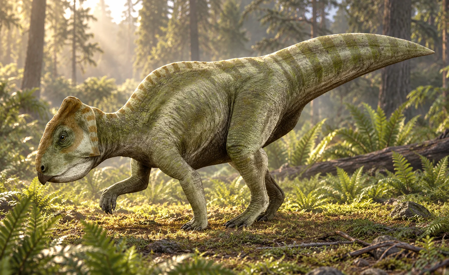 AI artistic reconstruction of Prenoceratops: short beaked head and low frill; short forelimbs and longer hindlimbs; full broad tail visible.