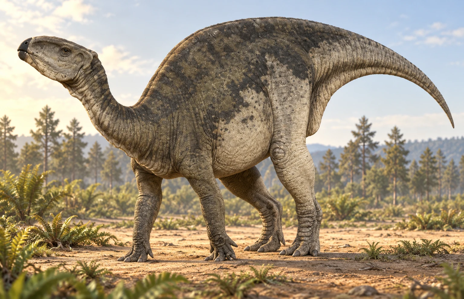 AI artistic reconstruction of Probactrosaurus: broad beaked head; Strong hind legs and shorter forelimbs; Deep tapering tail.