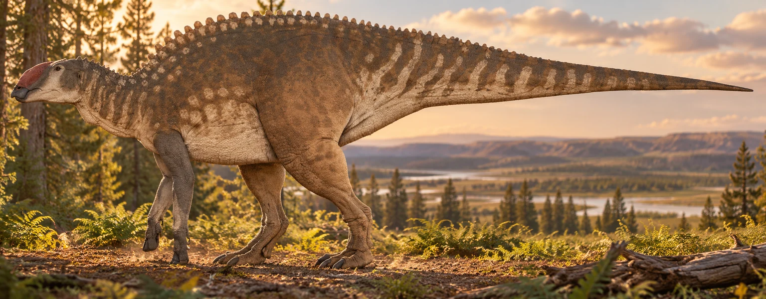 AI artistic reconstruction of Probrachylophosaurus: broad deep beaked head with low nasal crest; Deep four-legged body with raised back ridge; Long tapering tail.