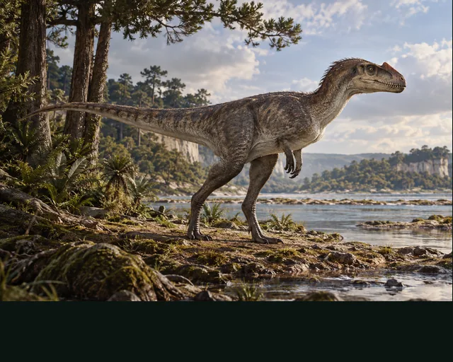 Proceratosaurus in a prehistoric landscape — AI-generated artistic interpretation