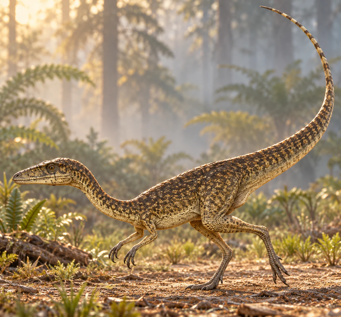 AI artistic reconstruction of Procompsognathus: small narrow head; Short grasping forelimbs; Long hind legs and narrow curled tail.
