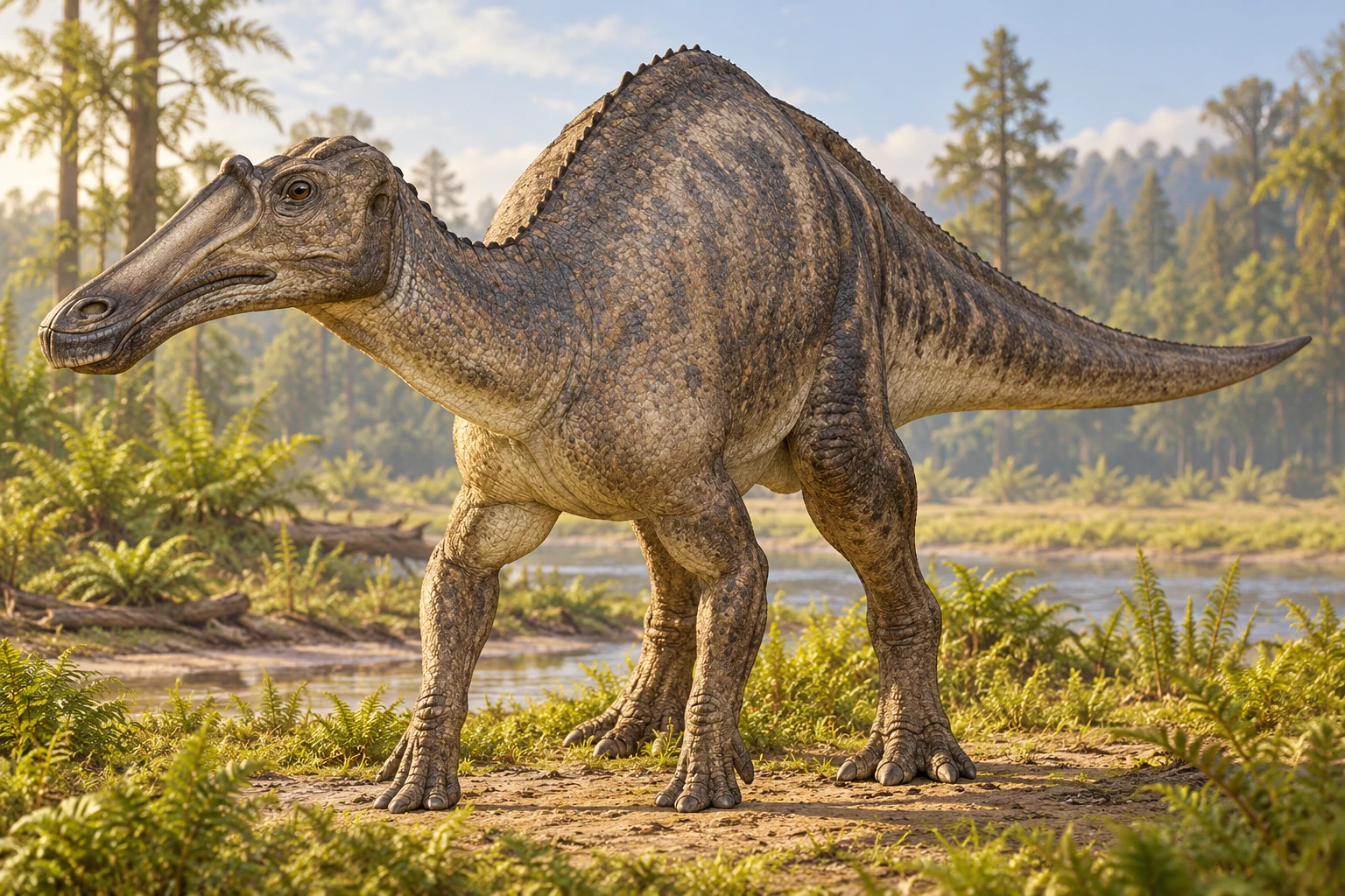 AI artistic reconstruction of Prosaurolophus: small raised nasal crest; Broad beak; Robust hind legs and deep tail.