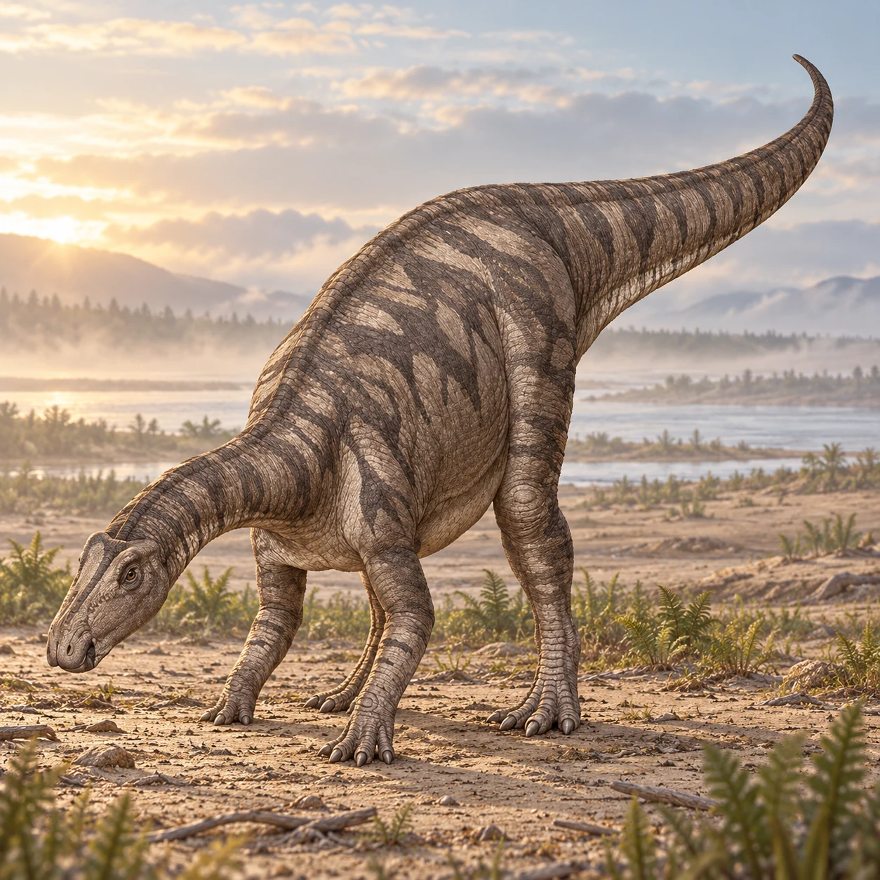 AI artistic reconstruction of Protohadros: broad low beaked head; Four-legged body; Deep tapering tail.