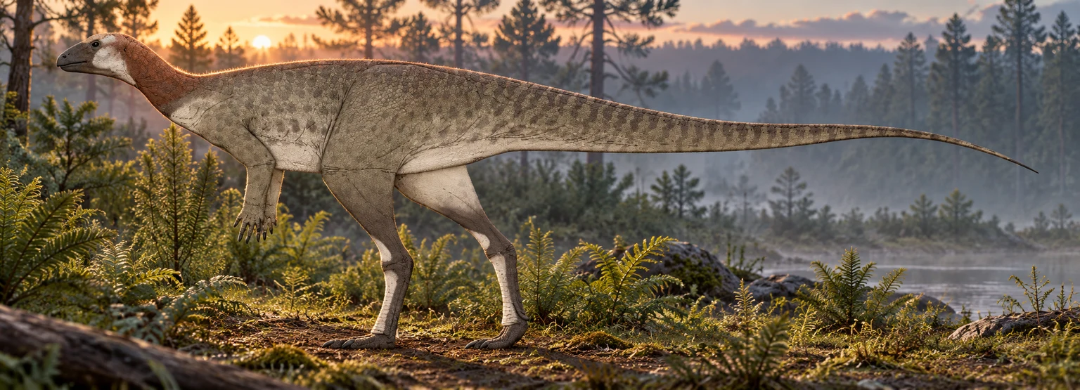 AI artistic reconstruction of Pulaosaurus: small low beaked head on slender neck; Short grasping forelimbs and long hind legs; Long slender tapering tail.