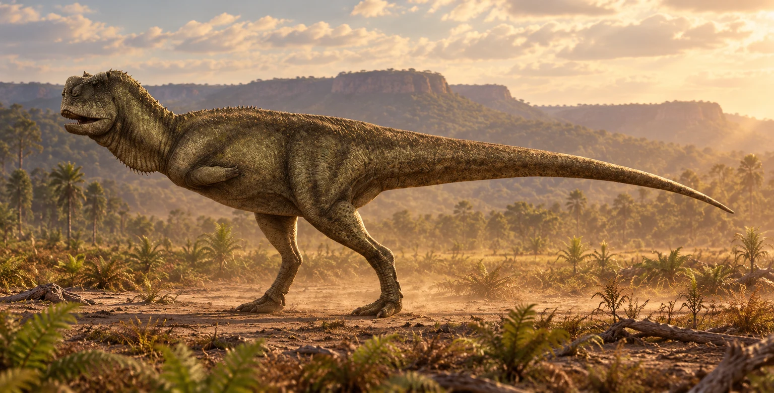 AI artistic reconstruction of Pycnonemosaurus: short deep toothed head; Extremely reduced forelimbs; Powerful hind legs and long tapering tail.