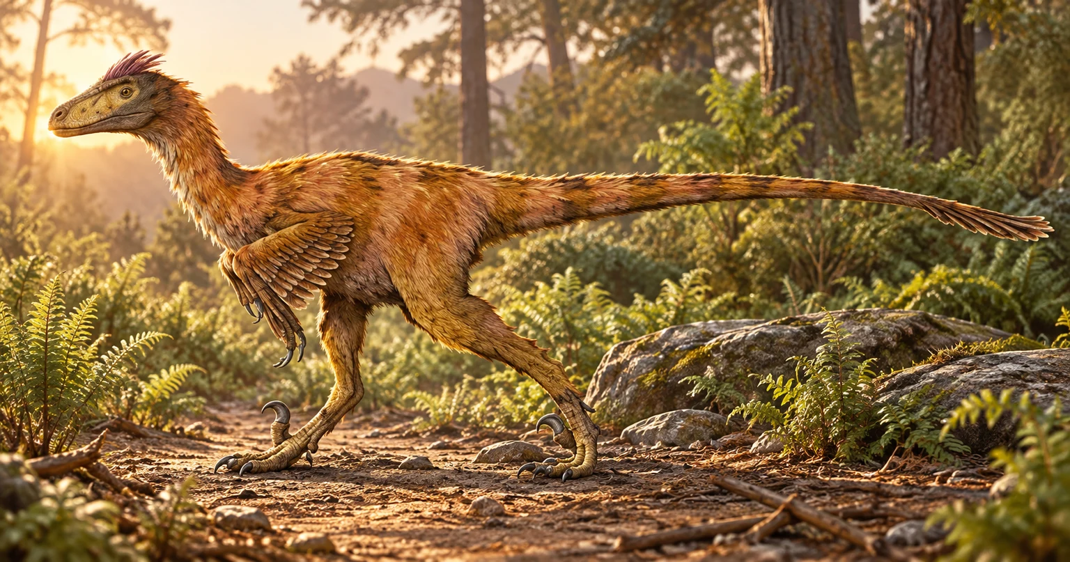 AI artistic reconstruction of Pyroraptor: low head and feathered neck; Feathered forelimbs; Long hind legs and narrow feathered tail.