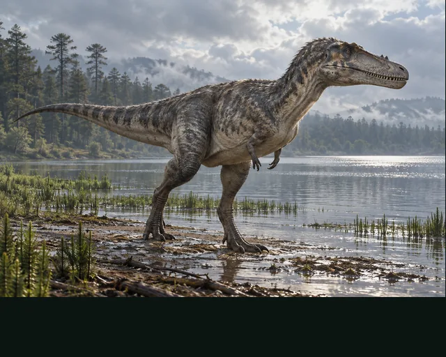 Qianzhousaurus in a prehistoric landscape — AI-generated artistic interpretation