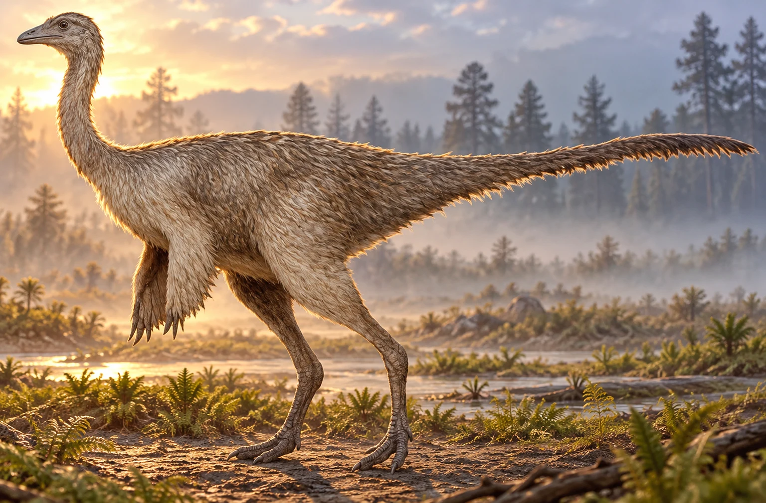 AI artistic reconstruction of Rativates: small narrow head on long upright neck; Long feathered forelimbs; Long slender hind limbs and long feathered tail.