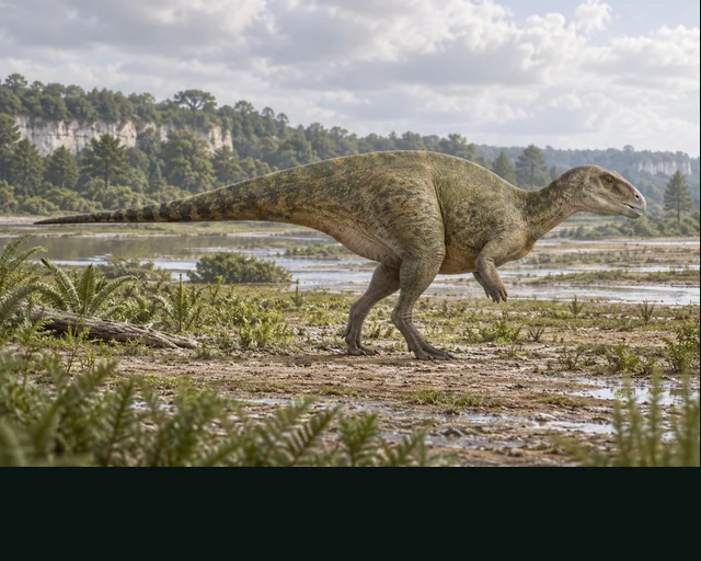 Artistic reconstruction of Rhabdodon in a prehistoric landscape