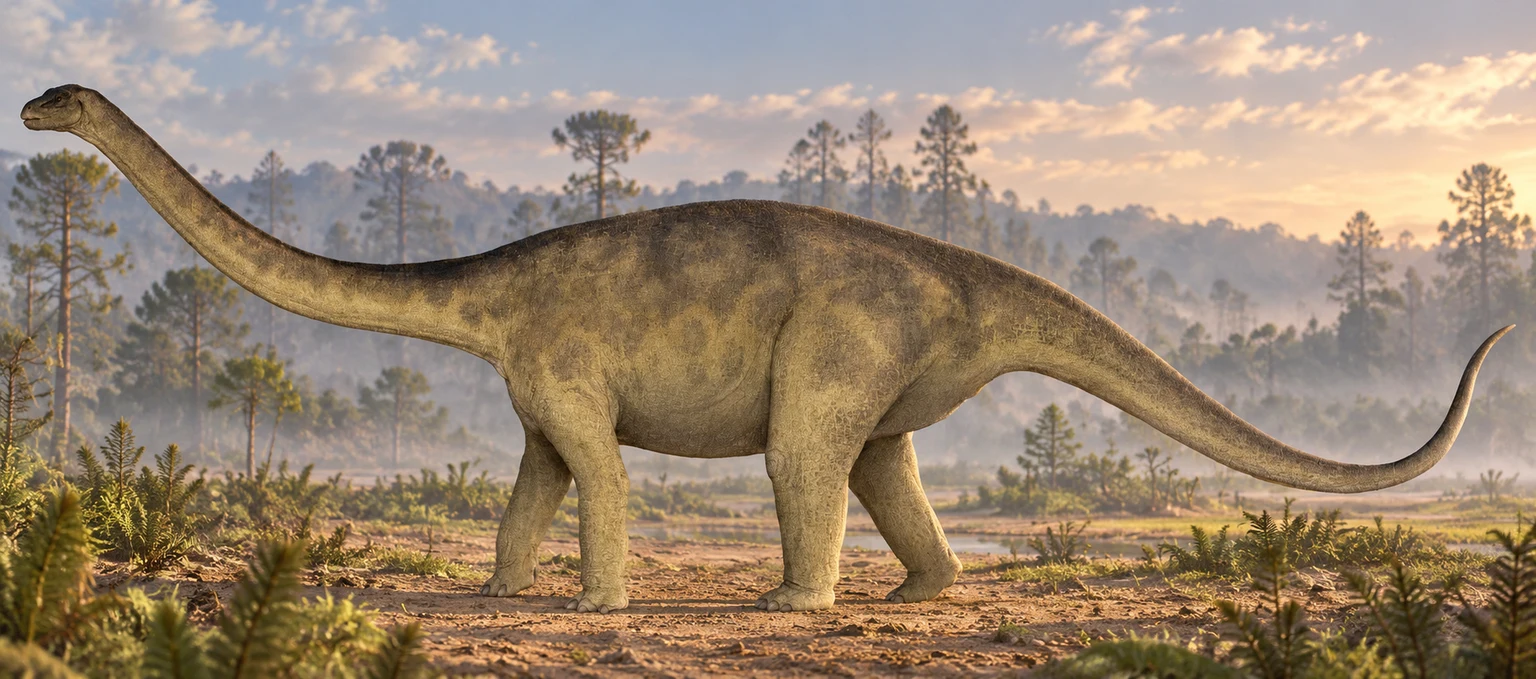 AI artistic reconstruction of Rhoetosaurus: small blunt head on moderately long forward-rising neck; Broad rounded trunk on four stout limbs; Full long tapering tail curved upward at tip.