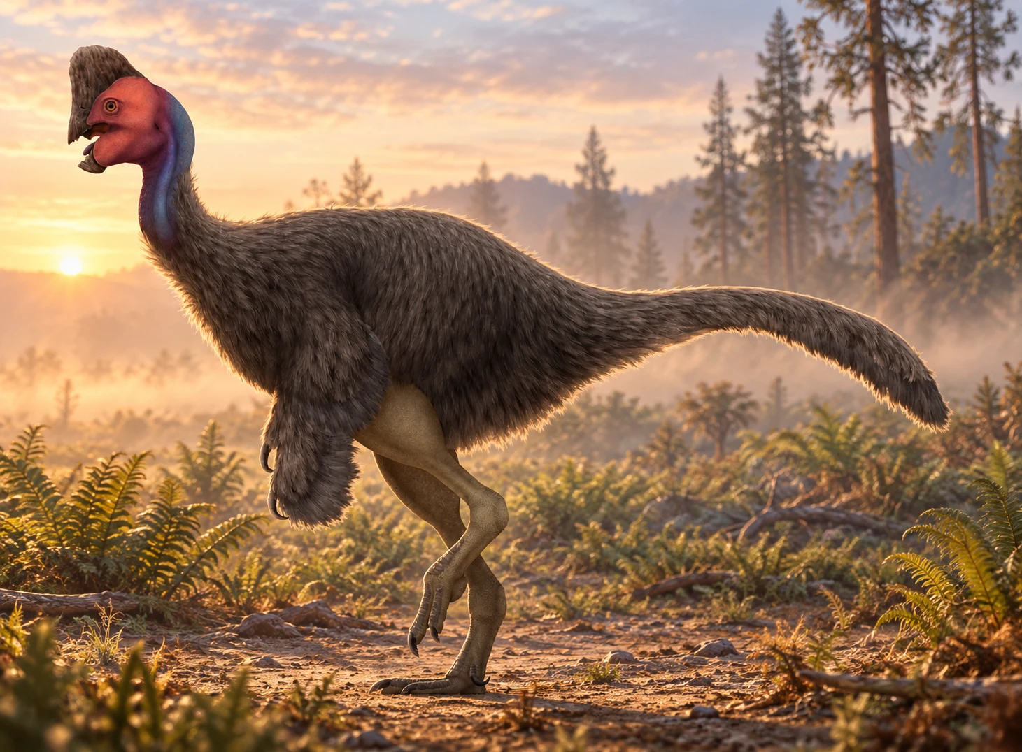 AI artistic reconstruction of Rinchenia: high broad cranial crest above deep toothless beak; Long upright neck and broad feathered torso; Feathered forelimbs with partly obscured small claws.