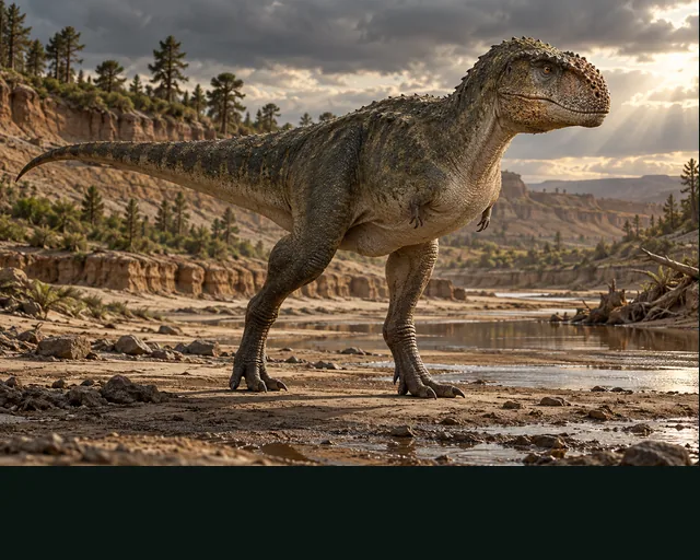 Rugops in a prehistoric landscape — AI-generated artistic interpretation