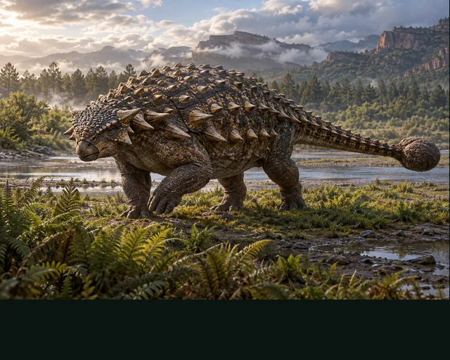 Saichania in a prehistoric landscape — AI-generated artistic interpretation
