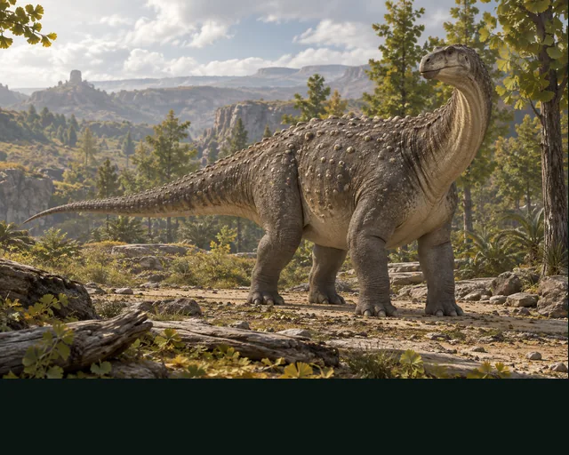 Saltasaurus in a prehistoric landscape — AI-generated artistic interpretation