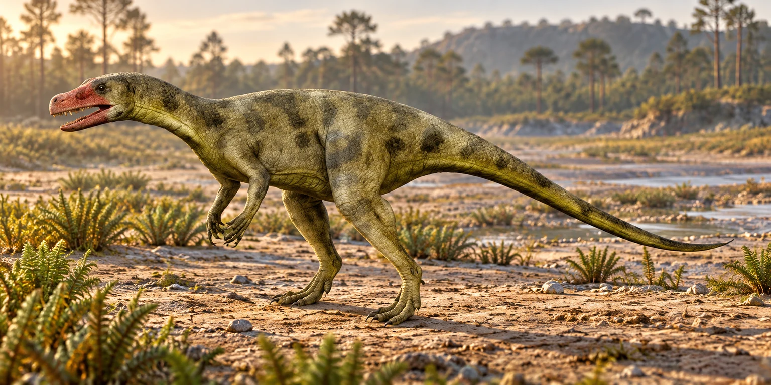 AI artistic reconstruction of Sanjuansaurus: low elongated toothed head; long hindlimbs and smaller forearms; complete sweeping tail visible.