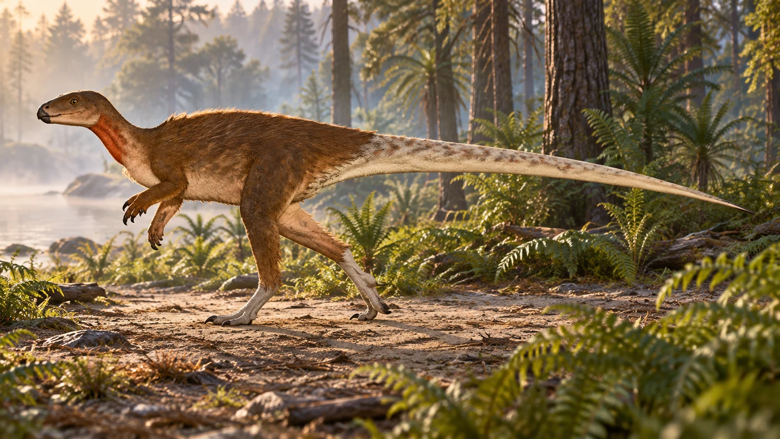 AI artistic reconstruction of Sanxiasaurus: small low beaked head; Short grasping forelimbs; Long hind legs and long tapering tail.
