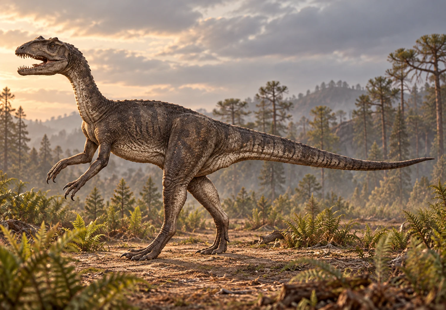 AI artistic reconstruction of Sarcosaurus: elongated tooth-bearing head; Grasping forelimbs; Long hind legs and straight tail.