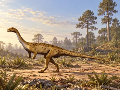 AI artistic reconstruction of Saturnalia: small head on slender long neck; Short forelimbs and long hind legs; Long narrow tapering tail.